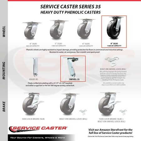 Service Caster 8 Inch Phenolic Caster Set with Roller Bearings 2 Swivel 2 Rigid SCC-35S820-PHR-2-R-2
